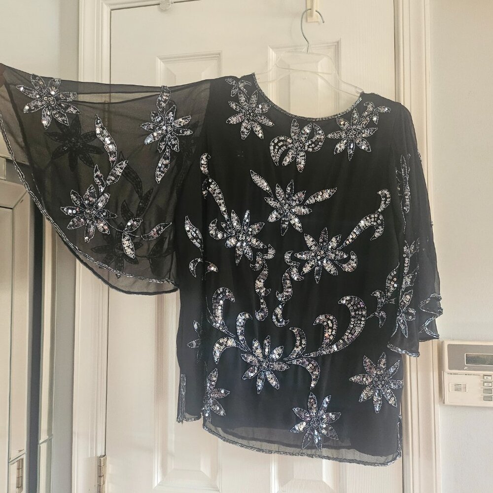 Roaman's Top Women Black White Allover Beaded Silk Formal Cruise - Picture 3 of 5